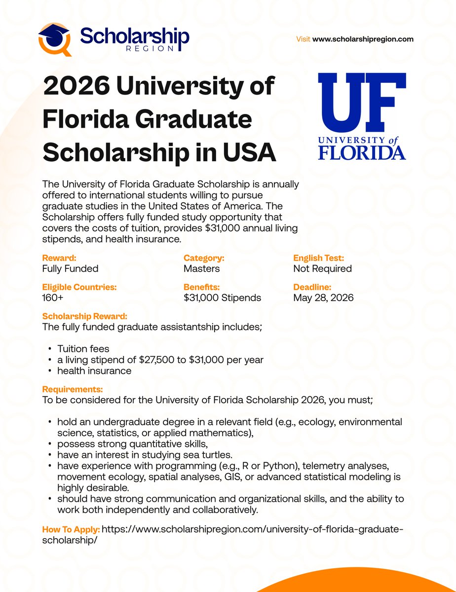 scholarsregion's tweet photo. List of 2026 Scholarships for International Students Without IELTS/TOEFL Requirements. #SRThread
2026 University of Florida Graduate Scholarship in USA | Fully Funded
https://t.co/3cOmXwWCnF
Queen Elizabeth Commonwealth Scholarship 2026 (QECS) | Fully Funded
https://t.co/BIWZclxfRW
James McNeil Scholarship of Monash University in Australia 2026 | Fully Funded
https://t.co/DtlV077Gvk
Louisiana State University Scholarships in USA 2026 | Fully Funded
https://t.co/j4WiQdCei6
University of Trieste Scholarship in Italy 2026 | Fully Funded
https://t.co/g5gu4hgD4P
University of Edinburgh Surgery Online Scholarship 2026 in UK | Fully Funded
https://t.co/sCWx2CTXHE
Olubi and Sarah Johnson Foundation Scholarship 2026 For Nigerians | Fully Funded
https://t.co/NO2MlqJGeG
2026 Michigan State University Scholarship in USA
https://t.co/fqUQsH2lx8