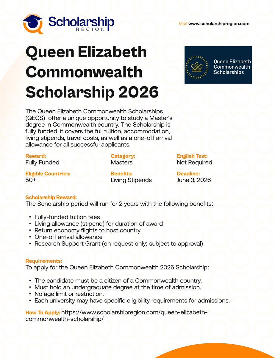 scholarsregion's tweet photo. List of 2026 Scholarships for International Students Without IELTS/TOEFL Requirements. #SRThread
2026 University of Florida Graduate Scholarship in USA | Fully Funded
https://t.co/3cOmXwWCnF
Queen Elizabeth Commonwealth Scholarship 2026 (QECS) | Fully Funded
https://t.co/BIWZclxfRW
James McNeil Scholarship of Monash University in Australia 2026 | Fully Funded
https://t.co/DtlV077Gvk
Louisiana State University Scholarships in USA 2026 | Fully Funded
https://t.co/j4WiQdCei6
University of Trieste Scholarship in Italy 2026 | Fully Funded
https://t.co/g5gu4hgD4P
University of Edinburgh Surgery Online Scholarship 2026 in UK | Fully Funded
https://t.co/sCWx2CTXHE
Olubi and Sarah Johnson Foundation Scholarship 2026 For Nigerians | Fully Funded
https://t.co/NO2MlqJGeG
2026 Michigan State University Scholarship in USA
https://t.co/fqUQsH2lx8