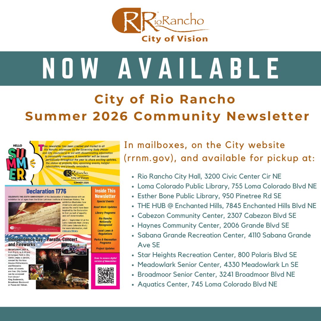 RioRanchoNM's tweet photo. The Summer 2026 Community Newsletter is now available. You can view the digital version on our website at https://t.co/09bDjBTDTn. https://t.co/pzScJhsGoQ