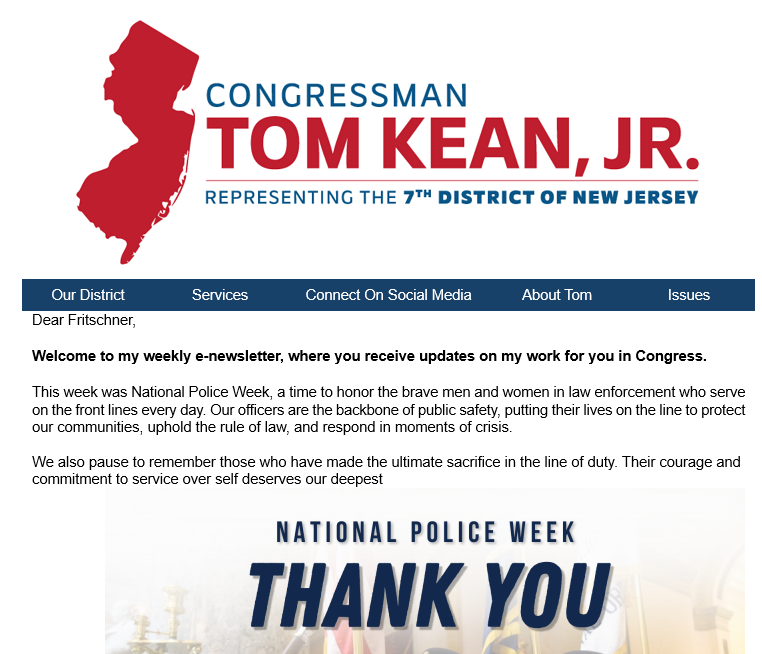 Fritschner's tweet photo. Tom Kean's office still sending out constituent newsletters like the guy hasn't vanished off the face of the earth https://t.co/svyan4UmPA