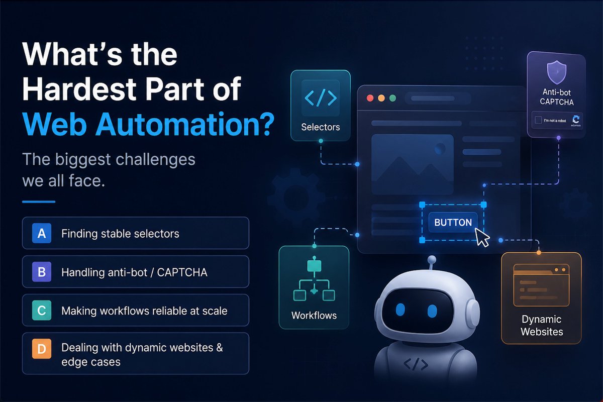 Neo0x07's tweet photo. What do you think is the hardest part of web automation?

A. Finding stable selectors  
B. Handling anti-bot / CAPTCHA  
C. Making workflows reliable at scale  
D. Dealing with dynamic websites & edge cases

Curious what everyone struggles with most 👀
#WebAutomation #AI #BuildInPublic #Tapero