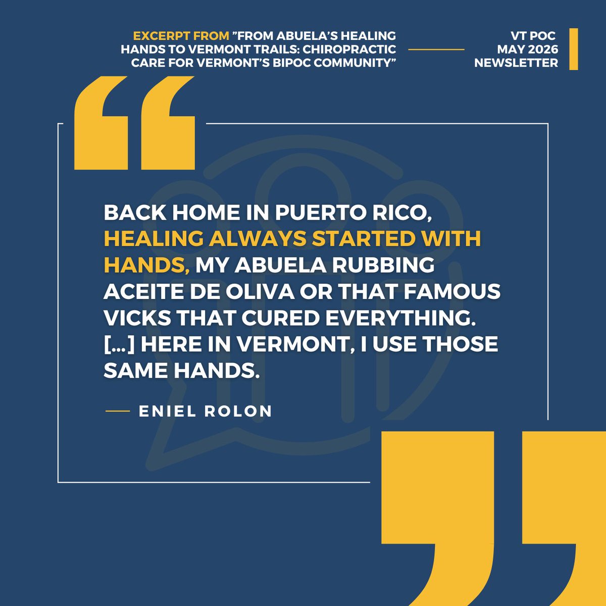 vtpoc_network's tweet photo. The ways we were cared for as children often shape how we care for others. Eniel Rolon shares how those memories and cultural touchstones continue to guide his work today.
 
Read the full piece in our May newsletter: https://t.co/5JHkrRLksh https://t.co/WsffbY81pF