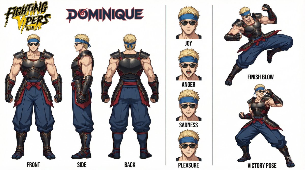 FVRB_FanProject's tweet photo. Fighting Vipers Re:Bite  
キャラクター設定画像 #8 Dominique

かなり一直線なキャラクターです。

空軍を目指して身体を鍛え続けたのに、視力の問題で夢を断たれてしまった人。
一度は荒れてしまったんですが、「空の近くにいたい」という思いだけは消えませんでした。
そこから辿り着いたのが鳶の世界です。

高所を飛び移って、走って、登る。
リングの上でも、その動きがそのまま戦い方になっています。

デザインも伝統的な鳶装束をベースにしながら、少しだけヒーローっぽさや“NINJA”感を混ぜています。
サングラスも見た目だけじゃなく、高所作業用としてちゃんと実用品です。
表情は少なめですが、内側はかなり熱いタイプ。
ANGERの顔、かなり気に入っています。

ーーー
He's a very straightforward character.

He spent years training his body with dreams of joining the air force, only to have that dream taken away because of his eyesight.
He went through a rough period after that, but one feeling never disappeared:
"I still want to be close to the sky."

That eventually led him into the world of high-rise construction work.

Jumping across beams, climbing, moving through dangerous heights — those movements became the foundation of his fighting style too.

For the design, I used traditional tobi workwear as the base and mixed in a little superhero energy and some "NINJA" vibes.
The sunglasses aren't just for style either — they're practical gear for working high above the ground.

He doesn't show much emotion on the surface, but he's the kind of person with a lot burning underneath.
Really happy with his ANGER expression on this one.

#FightingVipers