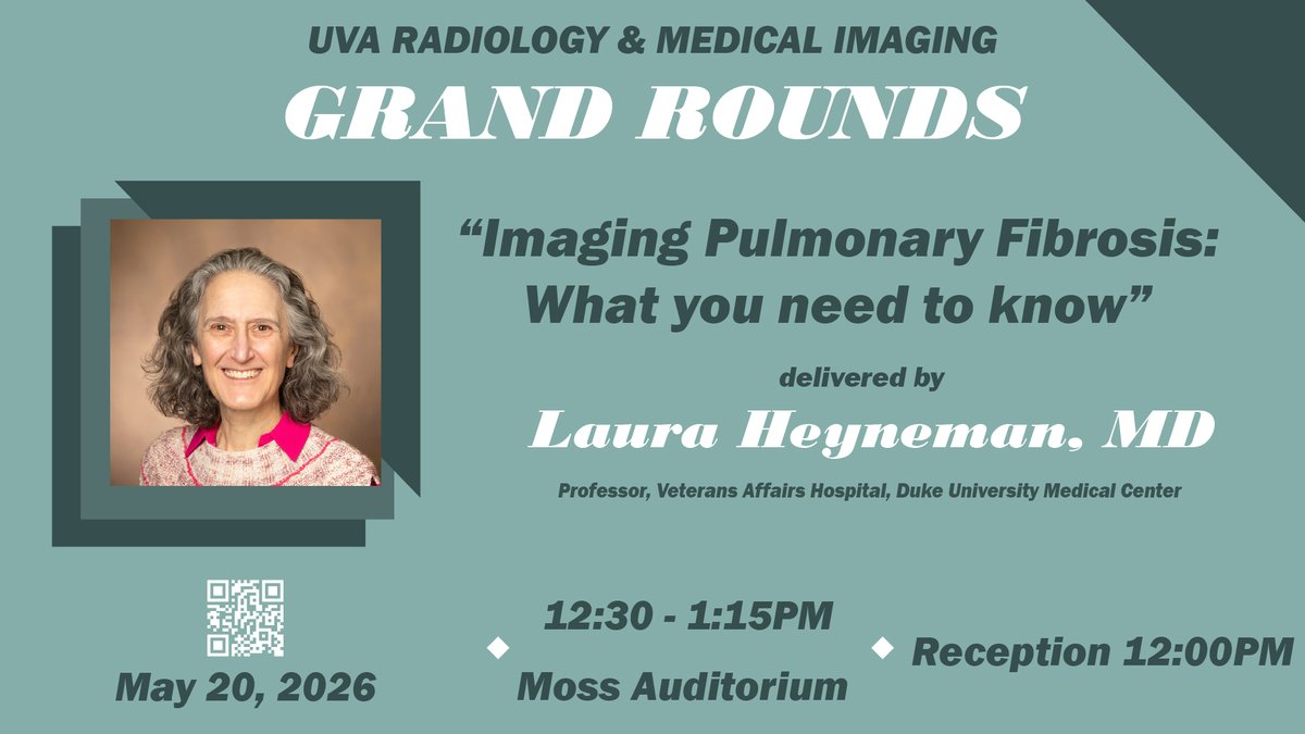UVARadiology's tweet photo. Join UVA Radiology Grand Rounds on May 20 featuring Laura Heyneman, MD presenting:

“Imaging Pulmonary Fibrosis: What You Need to Know”

 12:30–1:15 PM
 Moss Auditorium
#UVARadiology #GrandRounds #Radiology https://t.co/uRAeBnhxxO