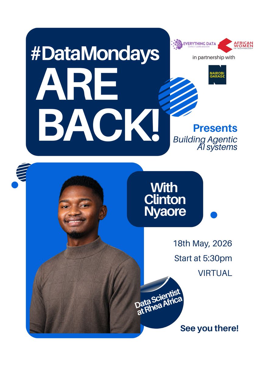 AfricanWIT's tweet photo. 🚨 PIVOT ALERT: #DataMondays is going Virtual!

Due to transport disruptions in #Nairobi, today’s session on Agentic AI Systems with Clinton Nyaore will now be held online. 

Stay safe and join us from wherever you are!
🕙 5:30 PM EAT
🔗 Link here:https://t.co/TRDcvf4qgD https://t.co/g1hhws3Efy