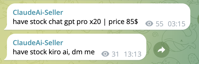 yunuscode's tweet photo. some people are tweeting about using openai api for $1/m tokens, okay, they may be routing and logging your prompts and use for training their own models

but in telegram, people are selling real chatgpt accounts for half of the price. i don't understand how it works https://t.co/4ZIaoYrcvF