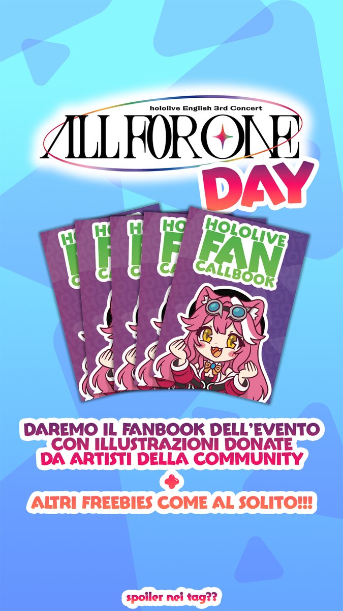 HoloItalia's tweet photo. 🎬✨ Il 20 Giugno ci ritroviamo tutti insieme per l’“All For One Day”, il fan event dedicato alla proiezione al cinema del concerto di Hololive English 3rd Concert “All For One” !

📍 Ci vediamo a Milano in Casa dei Giochi a partire dalle 11:00 per una giornata a tema hilolive con: 
Musica
Friends with U
Beyblade
carte da gioco
E grande presa bene!

🎥 Un’ora prima del concerto ci sposteremo tutti insieme verso il cinema UCI Bicocca di Milano per vivere la proiezione assieme! Sono 15 minuti a piedi!

Avremo il fan callbook da regalarvi con illustrazioni donate dai nostri artisti italiani + altre sorprese!!!!

Gli orari definitivi e tutti gli aggiornamenti verranno pubblicati nel gruppo Telegram.

É tempo di condividere e trovarci tutti assieme!

Evento gestito dai pazzi di @ilfandemonio  per conto della CEO di @HoloItalia