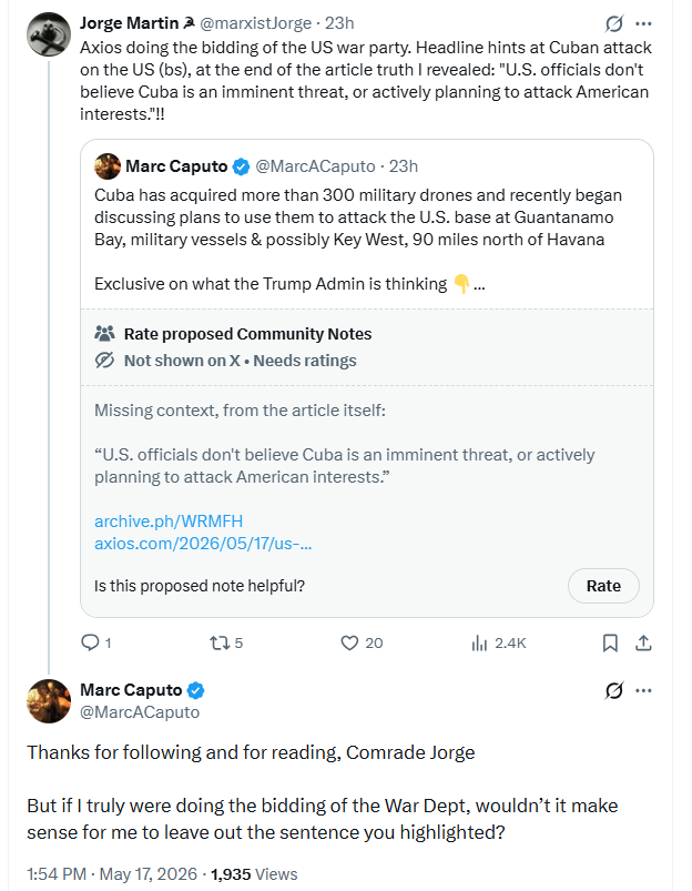 marxistJorge's tweet photo. Marc Caputo (Axios) didn't like being called out as a conduit for War Dept disinformation against Cuba ... so I wrote a whole article exposing him https://t.co/U2fvsjf5m4 https://t.co/ux3bzX89pj