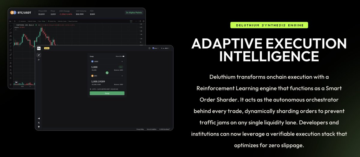 Deluthium's tweet photo. Liquidity isn't static, so routing shouldn't be either.

Send a large order down one fixed path and it hits congestion, the price slips while the order is still filling.

Deluthium's engine works as a Smart Order Sharder. It reads conditions in real time and dynamically shards the order across liquidity, so no single lane gets jammed.

Routing that reacts as fast as the market does.