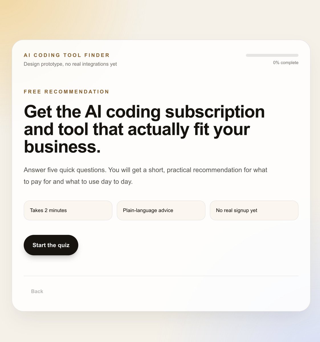 Incomplete AI-generated mockup for an AI coding tool finder, shared as an example of Codex missing a Typeform-like design brief