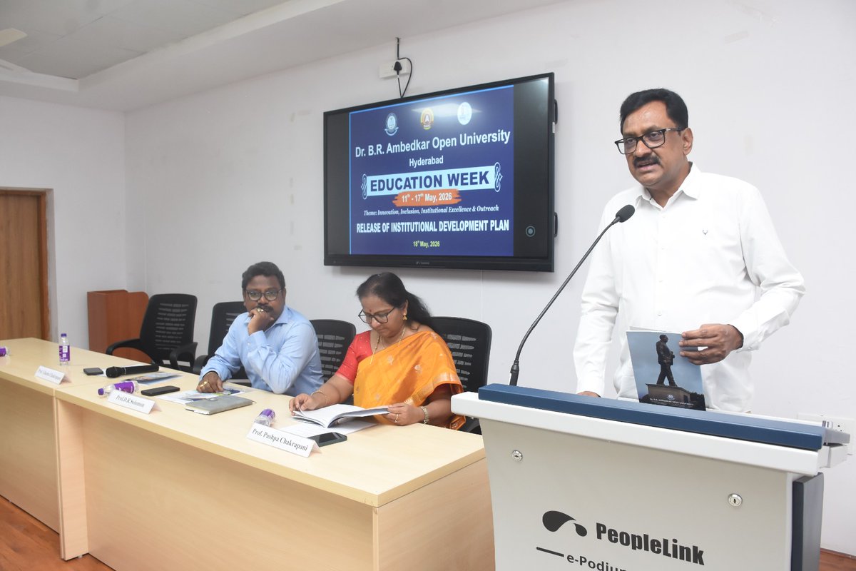 braouofficial's tweet photo. INSTITUTIONAL DEVELOPMENT PLAN CRUCIAL FOR UNIVERSITIES : Prof.Ghanta Chakrapani
•BRAOU Releases “Institutional Development Plan-2026 to 2036
•Online Application for Recognition by the “National Council for Vocational Education and Training (NCVET)” Completed
•“Education Week” Concluded at BRAOU 
Hyderabad, May 18, 2026: Dr. B. R. Ambedkar Open University concluded "Education Week" on “Innovation Inclusion, Institutional Excellence and Outreach”  from May 11 to 17, 2026 at the university campus. As a part of this the university organized Valedictory program on Monday at its Campus. 
Prof.Ghanta Chakrapani, Vice-Chancellor, BRAOU attended as the chief guest for the Valedictory function. Prof Chakrapani opined that the Open University is taking a step forward to evolve into a comprehensive digital educational institution by formulating and systematically implementing its institutional development plan. He stated that the full-scale implementation of the "Institutional Development Plan" (IDP) formulated after a comprehensive study would not only contribute to Ambedkar Open University achieving the highest level of recognition but also lay a strong foundation for its future. Furthermore, he noted that the university is currently in its fifth decade of operations, and it would be fitting to designate this period as the "Decade of Transformation." As part of this initiative, he revealed that employment-oriented courses have been introduced alongside traditional academic programs. Explaining the operational framework, he emphasized that the university places the utmost priority on delivering quality services across every department, with the learner serving as the central focal point in all these activities. He outlined that the university's specific operational structure comprises five key verticals: Academic Affairs, Student Services, Administrative Services, Technical Services, and Skill Development. Prof. Ghanta Chakrapani revealed that the primary objective set forth is to move forward by effectively coordinating all these various components. Prof. Chakrapani, and University Directors and Deans, released the "Institutional Development Plan (2026–2036)" as part of the "Education Week" celebrations. Similarly, Dr. B.R. Ambedkar Open University successfully submitted an online application for recognition by the National Council for Vocational Education and Training (NCVET).
Prof.G. Pushpa Chakrapani, Director Academic Preside over the program. Dr.L.Vijaya Krishna Reddy,. Registrar also spoke on the occasion. Prof. Rabindranath Solomon, OSD to VC  briefed about the IDP; Prof. Pallavi Kabde, Dean, Social Sciences; Prof. P. Venkata Ramana, Prof.N.Rajani, Prof.K.Sridevi, Dr.Y.Venkateswarlu; Prem Kumar, President NTEA, Directors, Deans, Head of the branches, Teaching staff, and University employees were participated in the program.