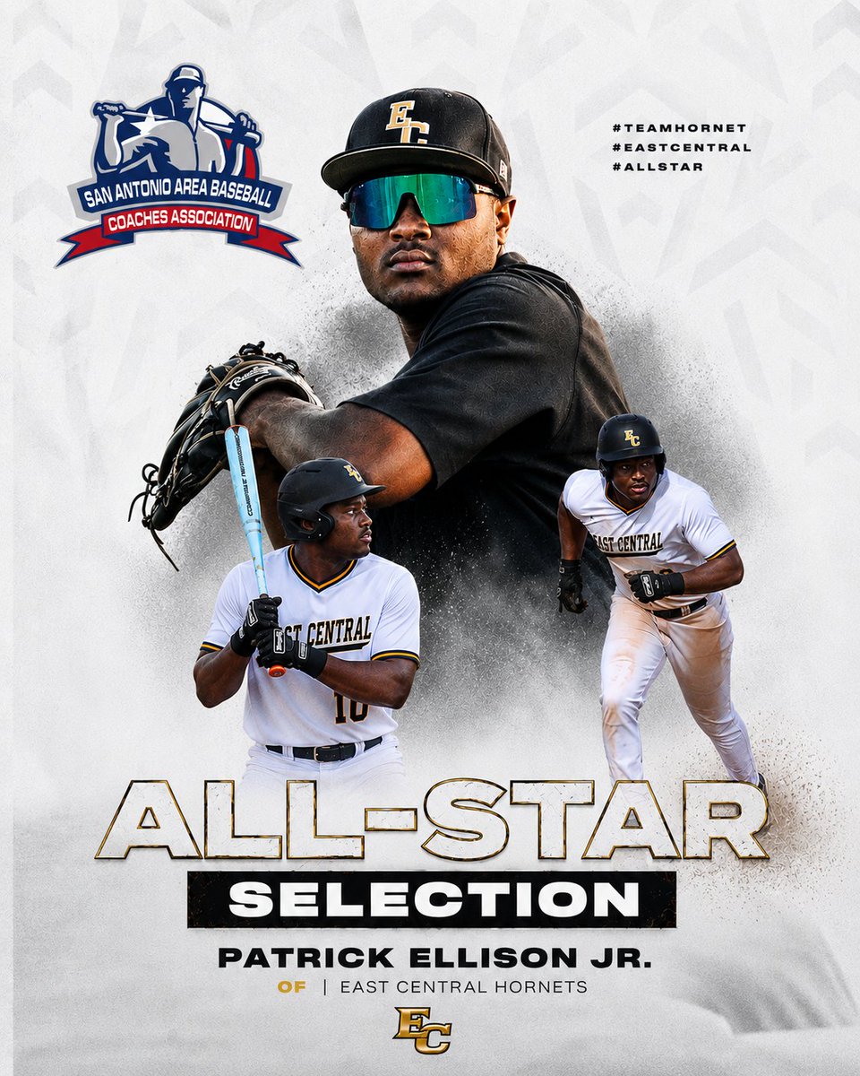 _ECBaseball's tweet photo. Congrats to Patrick Ellison Jr. on being named a SAABC All Star! ⚾️Proud to see a Hornet representing East Central! #TeamHornet #EastCentral #AllStar @ECISDtweets @ArriolaSuzette @joehubb74 @Big_Pat2026 @CoachSalinasEC @coachjuarez23 https://t.co/ogrhKRj2M5
