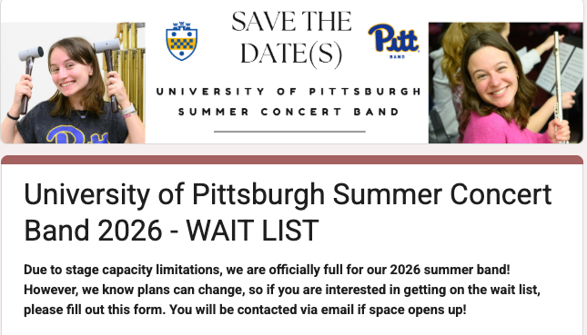 PittBand's tweet photo. Believe it or not, we are now FULL for our Summer Concert Band! Didn't register in time? Feel free to join our wait list, you will be contacted if space becomes available!

Join the Wait List Here: https://t.co/lTuIBxmchr https://t.co/ygChOiqcVy