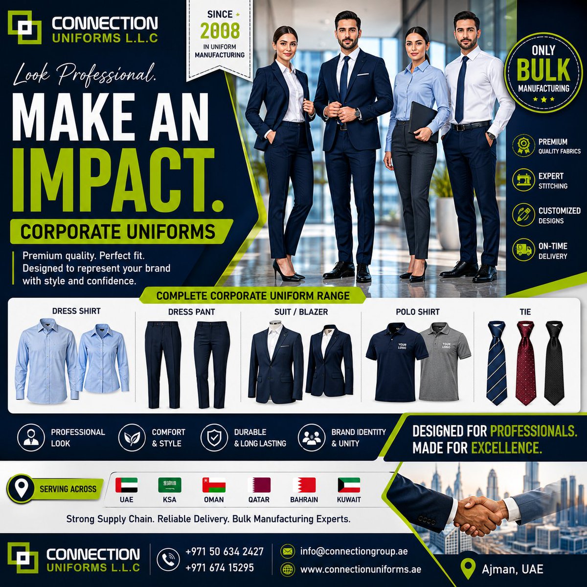 Conn_Garments's tweet photo. Professional uniforms create strong first impressions.
Customized Corporate Uniform Manufacturing:
✔ Suits
✔ Dress Shirts
✔ Polo Shirts
✔ Trousers
✔ Male &amp; Female Uniforms

Serving UAE, KSA, Oman, Qatar, Bahrain &amp; Kuwait.
#CorporateUniforms #UniformManufacturer #UAE https://t.co/OWpq1TDa0T