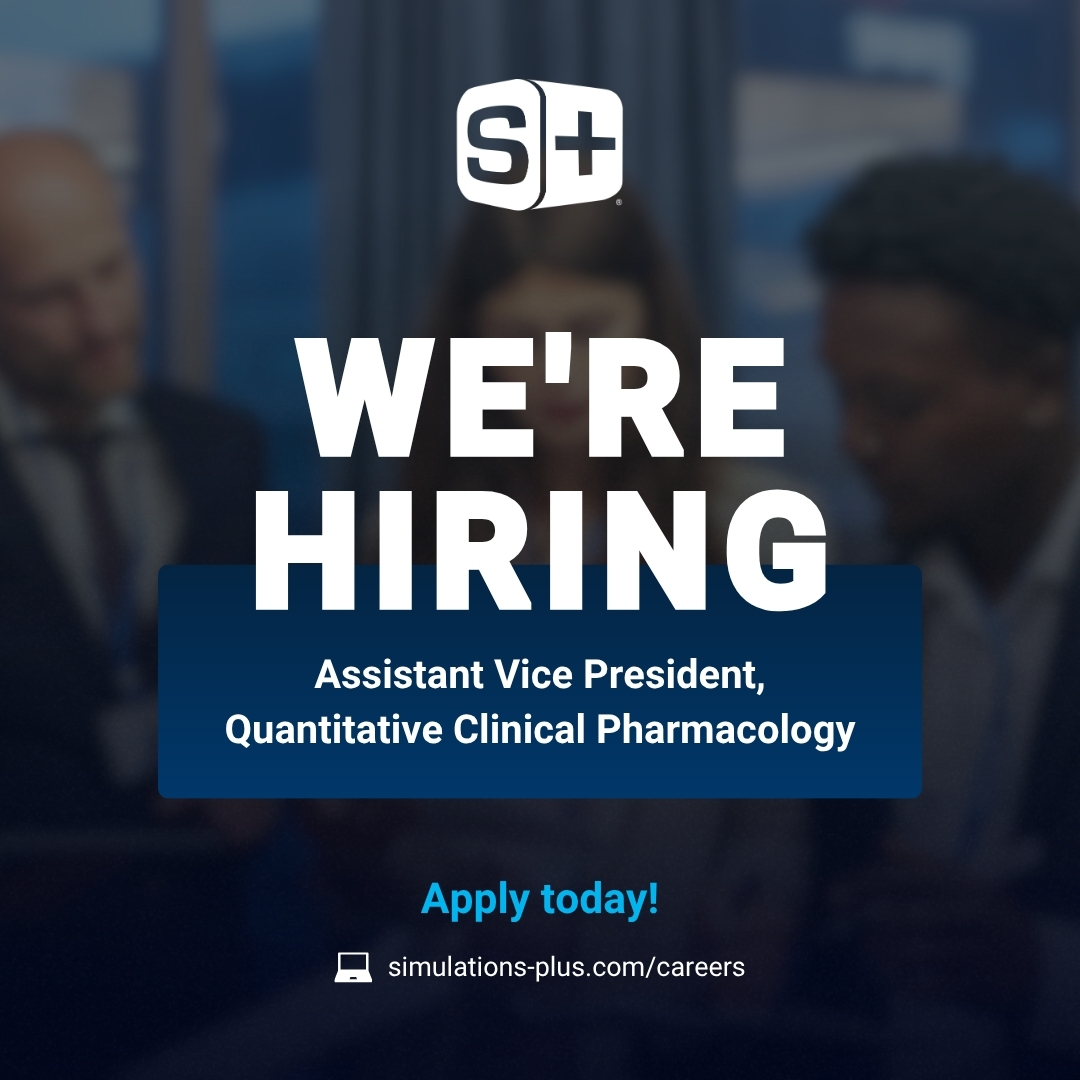 SimulationsPlus's tweet photo. If you’ve led clinical pharmacology strategy and enjoy working directly with clients, you may be a strong fit for this role. 
 
We’re hiring an Assistant Vice President, Quantitative Clinical Pharmacology.
 
Learn more and apply: https://t.co/dauqBX7k87 https://t.co/20dxL2b0BN