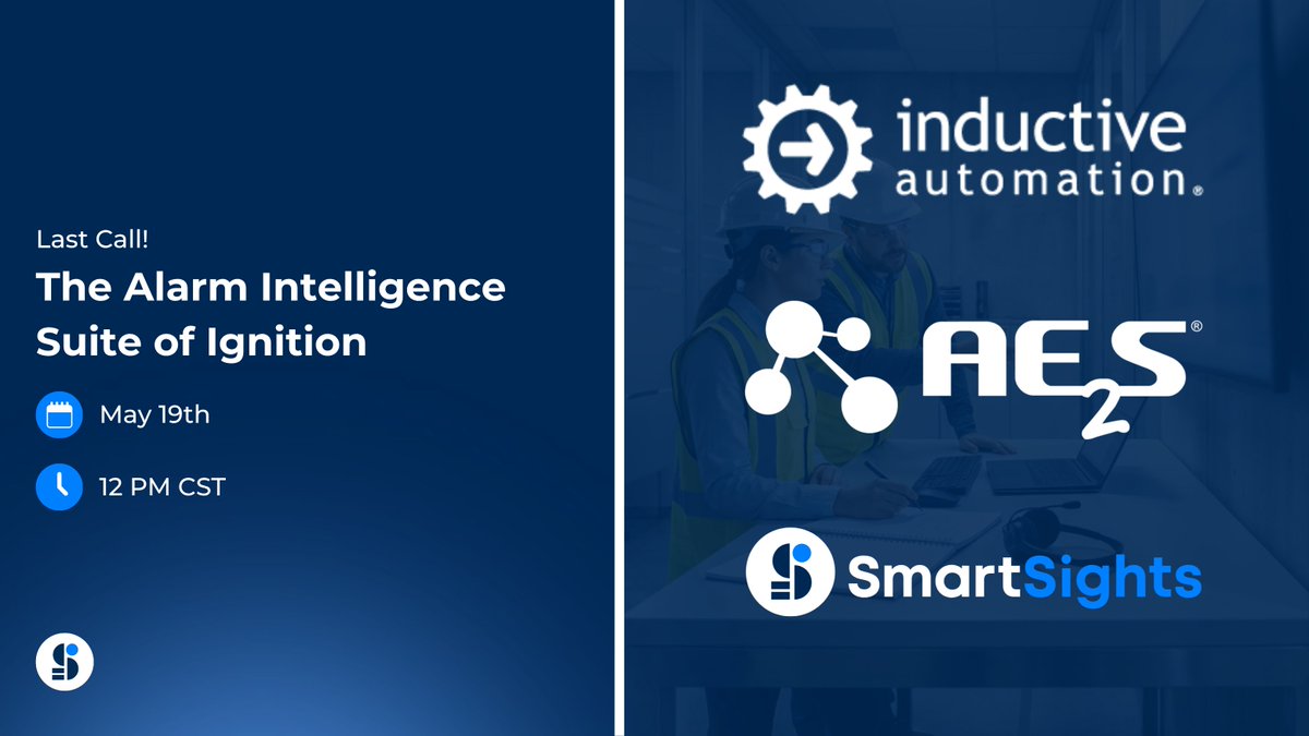 SmartSights's tweet photo. Last call! We’re live tomorrow👇
Join @InductiveAuto, AE2S, and SmartSights for “The Alarm Intelligence Suite” webinar.
✅ Register: https://t.co/MgbR5fNXSo
#SmartSights #InductiveAutomation #AE2S https://t.co/eYO9JkwU8y