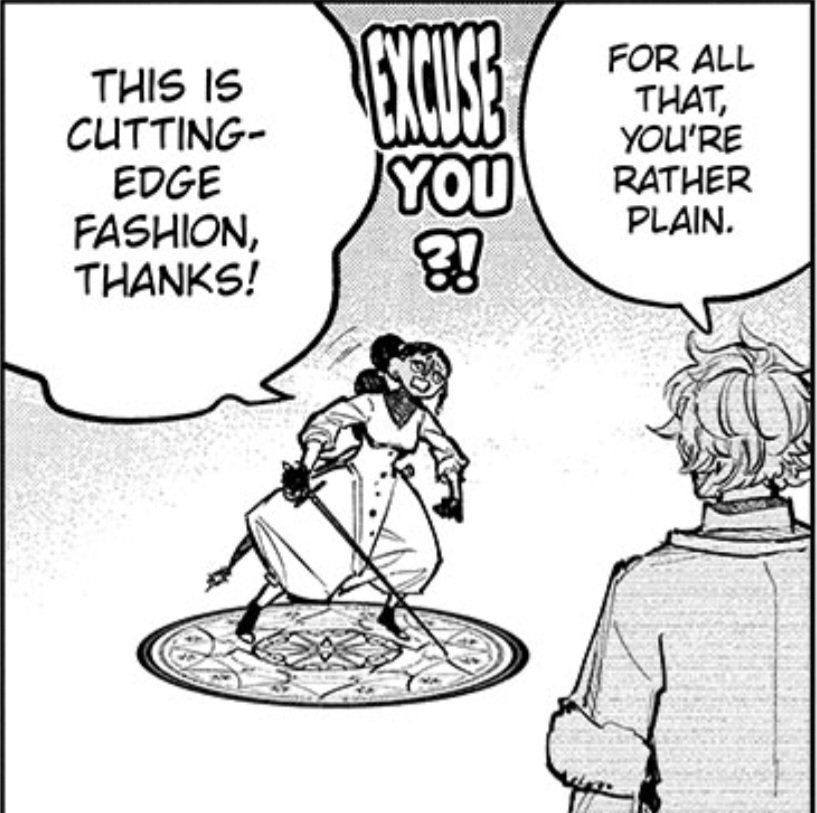 DrSomnia's tweet photo. Descarras' exhuberant sword-as-panel-divider juxtaposed by keeping her goblin speech in full really is the whole character https://t.co/6UZEKhGDVx