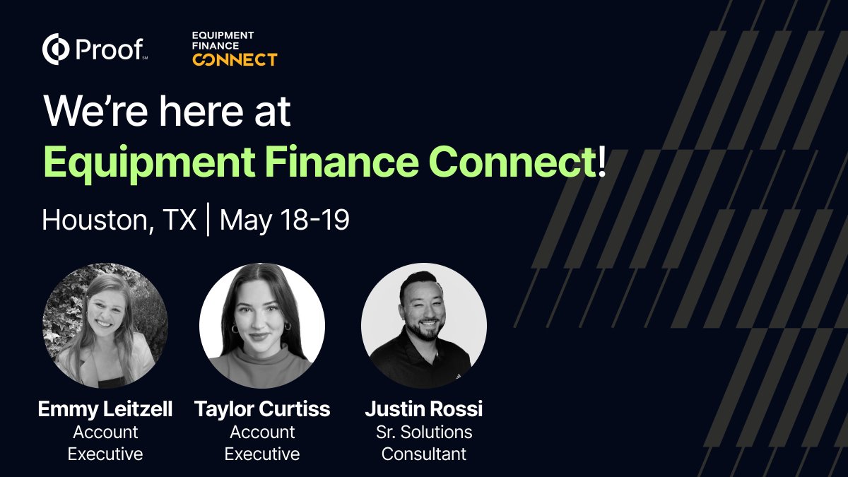 proof's tweet photo. We’re live at #EquipmentFinanceConnect!

Stop by our booth to see how how we’re helping equipment finance leaders ditch manual trucking and physical mail.

Grab 1-1 time with us onsite: https://t.co/Pzj8o5iy3m https://t.co/mRJhsRjtOu