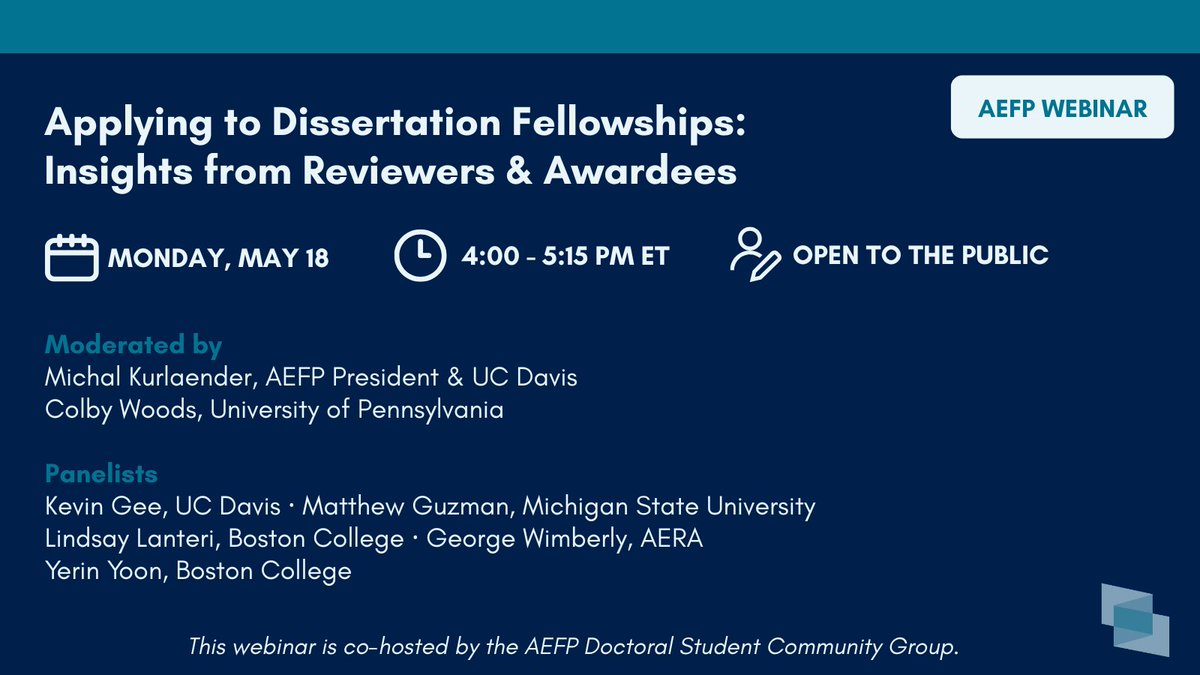 aefpweb's tweet photo. Good morning! Are you considering applying for a dissertation fellowship this fall or finalizing a submission for this May? Join us TODAY at 4 PM ET for a webinar on insights from reviewers &amp; awardees: https://t.co/FdBAVYcM1B https://t.co/MNy43VCgi7