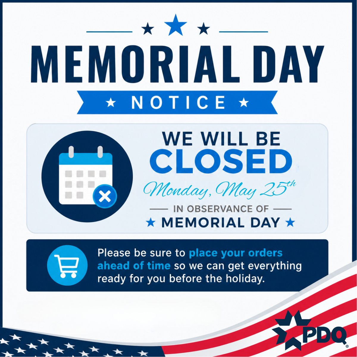 PDQLocks's tweet photo. Honoring those who served and wishing you a safe Memorial Day. PDQ will be closed Monday, May 25th. Please place orders early to ensure prompt processing. Thank you for trusting us to help secure what matters most. #MemorialDay #PDQLocks https://t.co/oCp58tJGPA