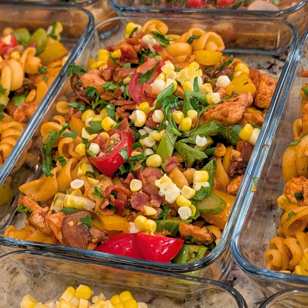 FriendThatCooks's tweet photo. What’s for dinner? 🍝 Bacon and pepper pasta with sweet corn, broccolini, tomato, and mushrooms—summer flavor in every bite. Fresh, colorful, and chef-prepared so you don’t have to think about it ✨ #WhatsForDinner #SummerMeals #PersonalChef #FriendThatCooks https://t.co/IJuVm2nKs5