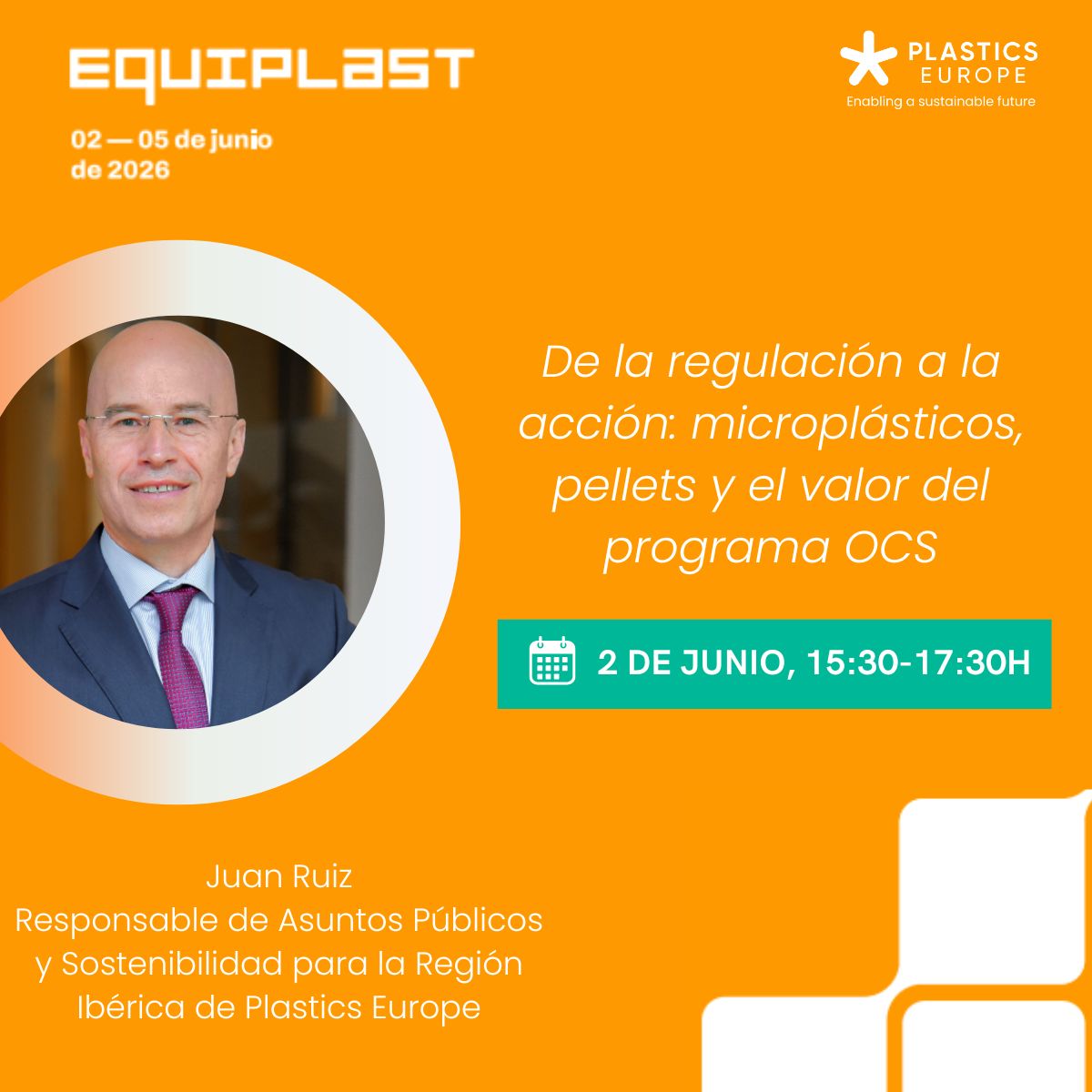 PlasticsEuropES's tweet photo. 📍¡Un año más estaremos en la @Fira_Barcelona en @Equiplast!
El 2 de junio, nos vemos en varias sesiones sobre competitividad, regulación, circularidad y sostenibilidad del sector de los plásticos, junto con otros representantes institucionales y de empresas👇
#Equiplast2026 https://t.co/DtygIA0CpT