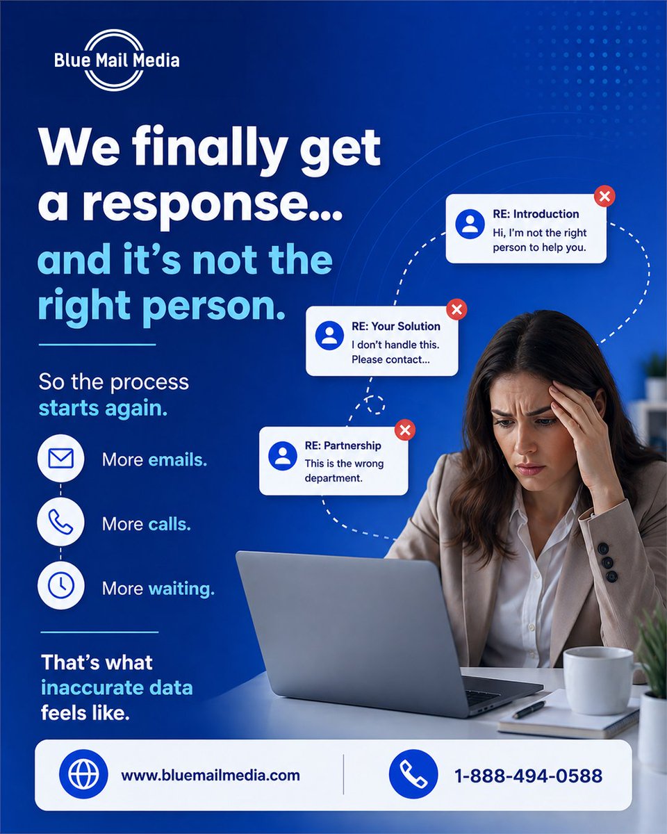 BlueMailMedia's tweet photo. Getting replies from the wrong person slows deals

More follow-ups, more delays, and more lost momentum.

 Accurate data helps you reach decision-makers faster.

🌐 https://t.co/7s0dvtg6Gs

#DataAccuracy #Sales #B2BLeads https://t.co/IZ2JcD5Env