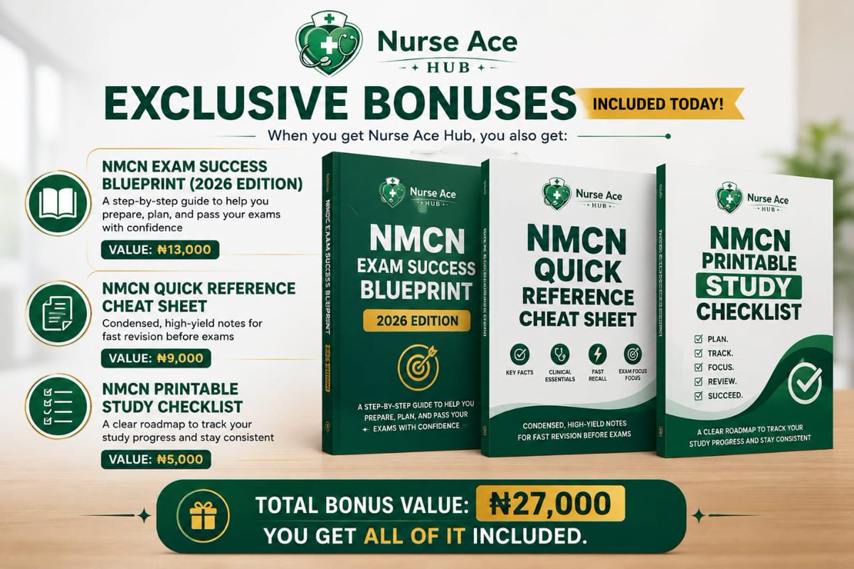 nurseacehub's tweet photo. Our premium package is All in One. With the premium NMCN prep package, you need no more books to pass the council exam with ease.
What are you waiting for? It costs just β¦10,000. less than two shawarmas.
#NMCNExam #NigerianNurses #NursingStudy #Nurse Ace Hub #NurseLife https://t.co/M3ntP9eljL