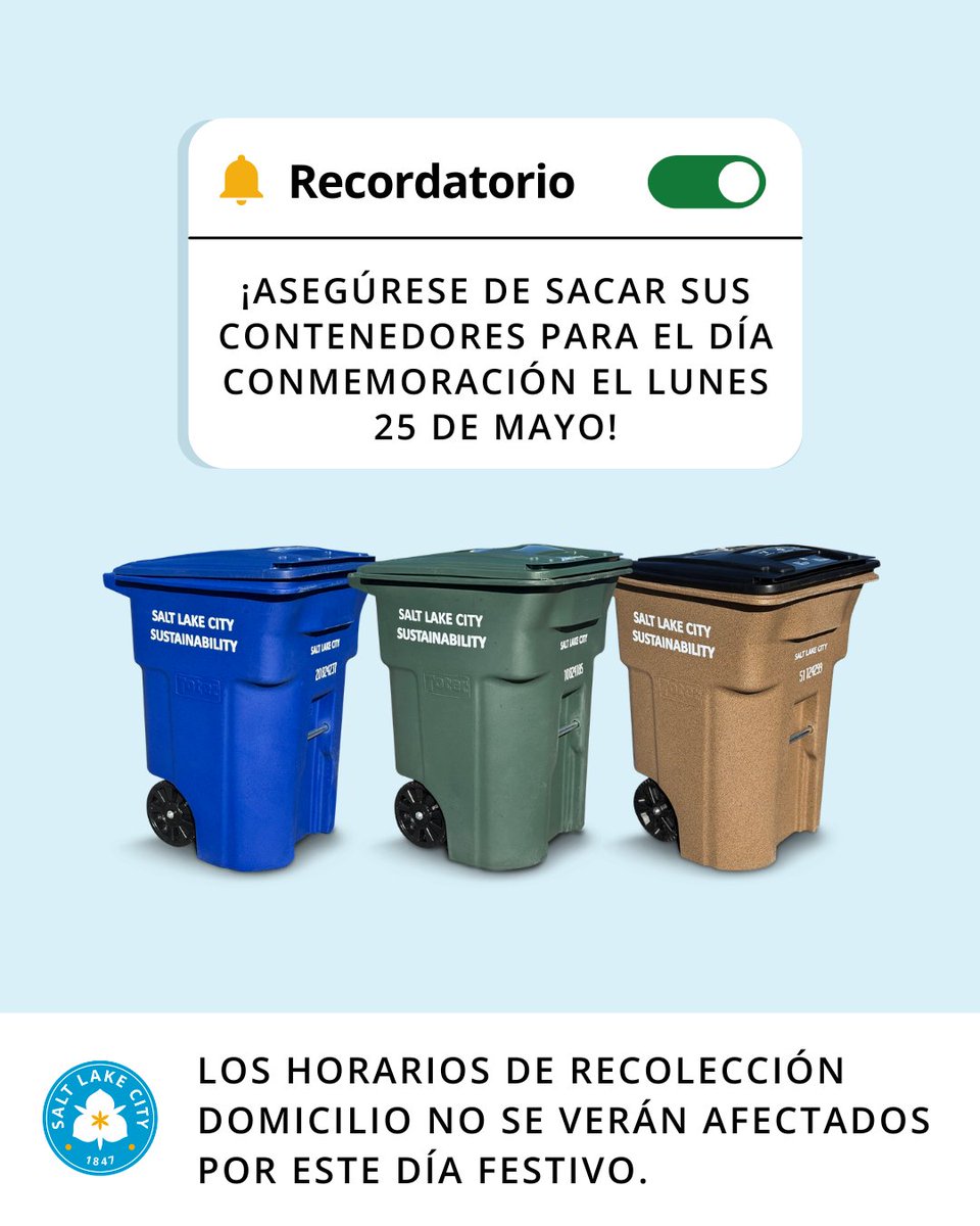 SLCgreen's tweet photo. Waste and recycling pick-up services will be operating as usual the week of May 25! 👍 Collection schedules and information on curbside services can be found on our website at https://t.co/dgaodH0abv (link in bio). https://t.co/gX94xicBmm