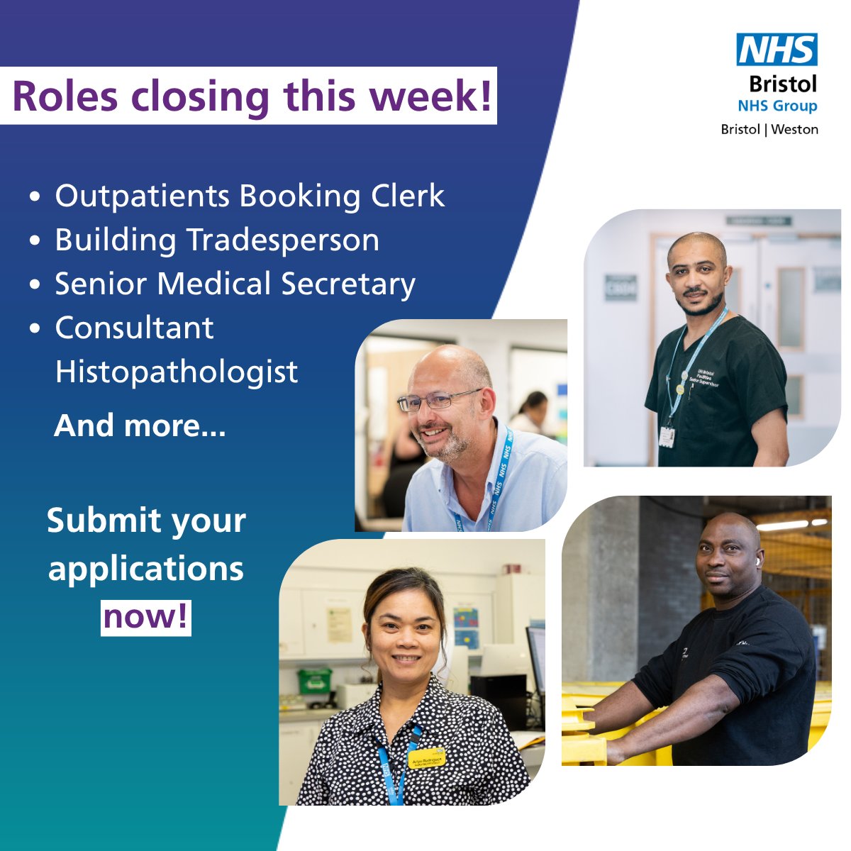 BFTCareers's tweet photo. Looking for your next opportunity within Bristol NHS Group? 👀

Don’t miss your chance to apply - apply now before the deadlines pass! ⏰

https://t.co/kwuS2VlbaL
https://t.co/3eQDJWRQy1

#BristolNHSGroup #NHSJobs #HealthcareCareers #JoinOurTeam #BristolJobs https://t.co/kVeAJEivIv