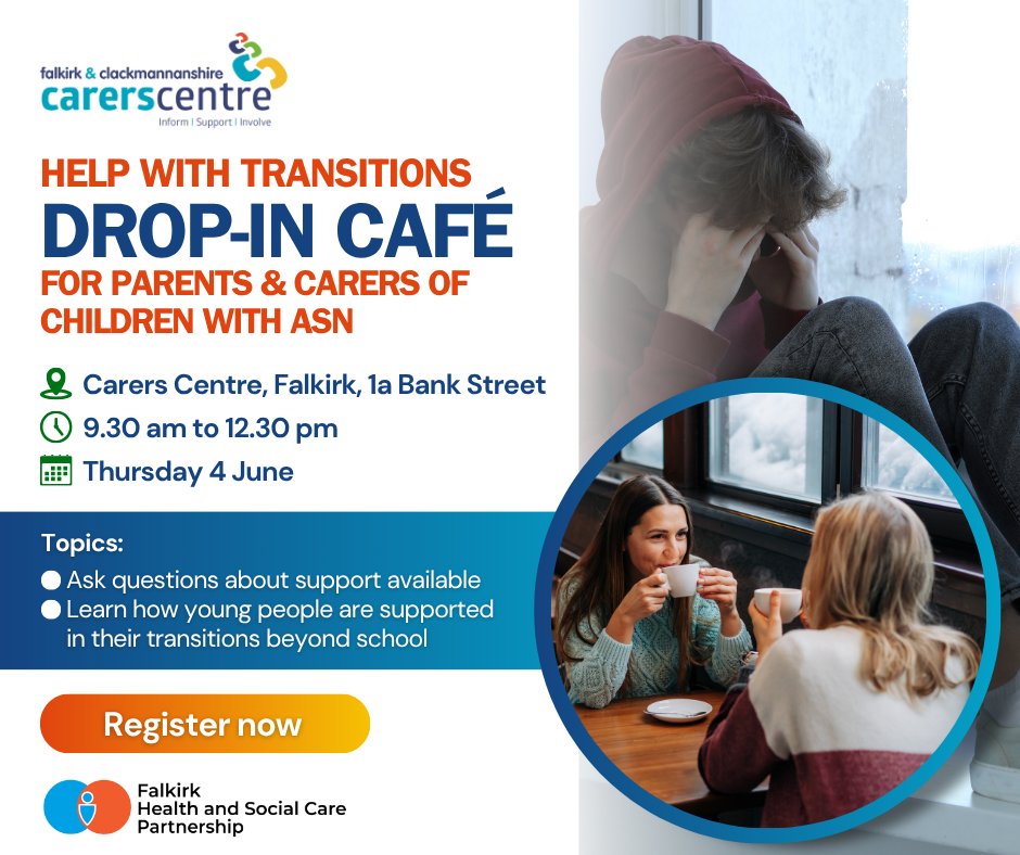 CentralCarers's tweet photo. @FalkirkHSCP's Transitions Co-ordinator is hosting monthly Drop-in Cafés in the Centre. You can drop in with your questions or just for a chat. Open to Falkirk parents &amp; carers of individuals aged 14-25 with ASN, who are registered with the Centre 👉https://t.co/QiBcA8140N https://t.co/EVZFzmXdqa