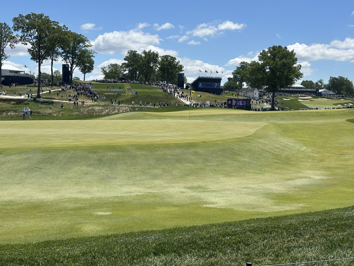 Oliver_Wilson's tweet photo. That’s the @PGAChampionship done ✔️ 

I really enjoyed @AroniminkGC probably more so from this side of the ropes. It was refreshing to see a slightly different test to a normal PGA which many players certainly didn’t adapt to. 

There were 299 three-putts in the first two rounds alone. For context, The Masters this year had 190 over all four rounds. That’s a crazy stat!

It may well be something we see more of in course setups of the future, rather than just growing the rough to boring lengths that eliminates creativity, I certainly hope so anyway. 

Hole locations being cut on steeper gradients asks a tougher question and makes players way more edgy in my opinion. When you’re nervy and you can’t feel your hands there’s nothing harder than trying to hole a left to right slider! 

Now the dry conditions helped and there is a balance of course, but Aronimink brought back the importance of angles with their wild greens & cambered fairways that tested every area of the game as a Major should. 

It exposed more of the world’s best and you could argue it allowed a fairer test instead of the typical bomb and gouge. 

Aaron was the well rounded winner the course deserved!

I’m so pleased for him and his team. Six under par on his last 10 holes, when everything was on the line was exceptional golf! 

He answered the unique questions the course asked better than anyone, and it produced a winner every bit as distinctive as the test itself. 

Thanks to the @5liveSport team of @iaincartergolf @jamesgregg7 @KDownesSport & the team back home. 

See you at The Open!