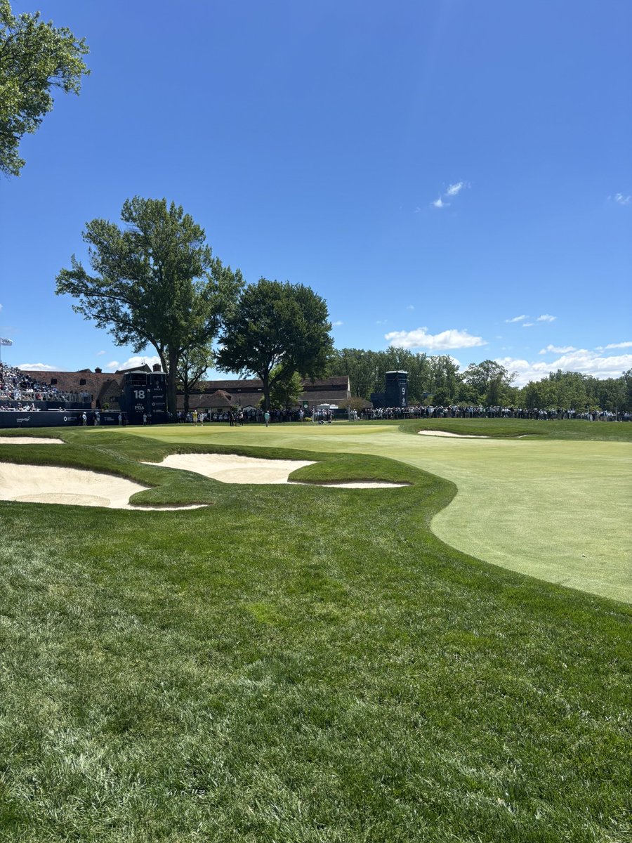 Oliver_Wilson's tweet photo. That’s the @PGAChampionship done ✔️ 

I really enjoyed @AroniminkGC probably more so from this side of the ropes. It was refreshing to see a slightly different test to a normal PGA which many players certainly didn’t adapt to. 

There were 299 three-putts in the first two rounds alone. For context, The Masters this year had 190 over all four rounds. That’s a crazy stat!

It may well be something we see more of in course setups of the future, rather than just growing the rough to boring lengths that eliminates creativity, I certainly hope so anyway. 

Hole locations being cut on steeper gradients asks a tougher question and makes players way more edgy in my opinion. When you’re nervy and you can’t feel your hands there’s nothing harder than trying to hole a left to right slider! 

Now the dry conditions helped and there is a balance of course, but Aronimink brought back the importance of angles with their wild greens & cambered fairways that tested every area of the game as a Major should. 

It exposed more of the world’s best and you could argue it allowed a fairer test instead of the typical bomb and gouge. 

Aaron was the well rounded winner the course deserved!

I’m so pleased for him and his team. Six under par on his last 10 holes, when everything was on the line was exceptional golf! 

He answered the unique questions the course asked better than anyone, and it produced a winner every bit as distinctive as the test itself. 

Thanks to the @5liveSport team of @iaincartergolf @jamesgregg7 @KDownesSport & the team back home. 

See you at The Open!