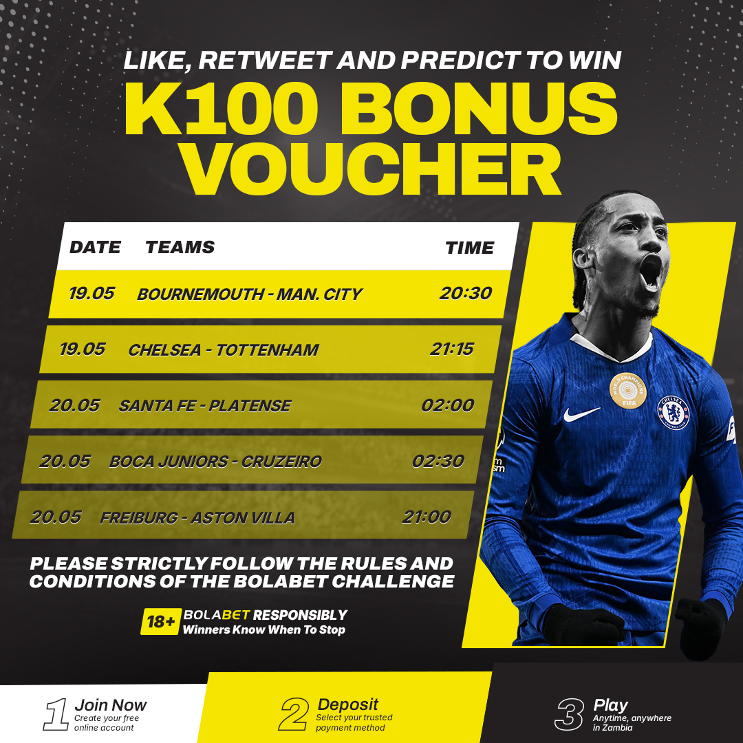 Bolabet_Zambia's tweet photo. LIKE, RETWEET &amp; REPLY WITH YOUR PREDICTED OUTCOME OF 5 MATCHES AND WIN K100!
- All replies should be published before 20:30h May 19th, 2026.
- You must be over the age of 18 to participate
- 👉🏿 https://t.co/m1LIDTk03H

TERMS &amp; CONDITIONS
👉🏿 https://t.co/yRboke4G8i 👈 https://t.co/uBwShvlvTk