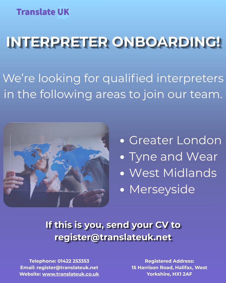 TranslateUK's tweet photo. Are you a qualified interpreter that lives in the below areas?

If so, please send your CV to register@translateuk.net

#languages #TranslateUK #interpreting https://t.co/fe0Nhx4ucW