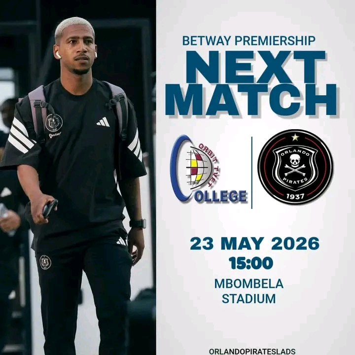 MrksPSLClub's tweet photo. 🚨#NEXT_MATCH

Orbit College 🆚️Orlando Pirates 

🏆#BetwayPrem 🕒15h00 📅23 May 2026

#Football 
#OrlandoPirates https://t.co/7SKyJE2DIm