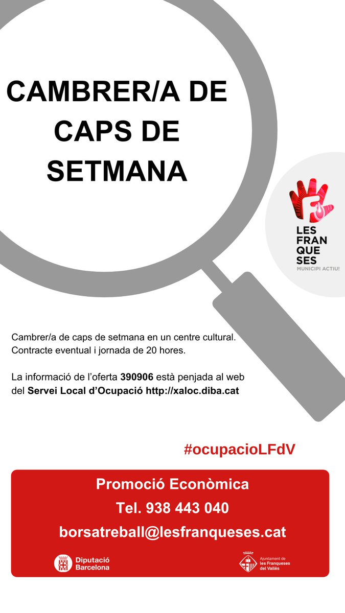 lesfranqueses's tweet photo. #LesFranqueses des d'#ocupacioLFdV ens arriben noves ofertes de feina:
👩‍🔧OPERARI/ÀRIA DEL METALL 
👩‍🔧ADMINISTRATIU/VA 
👩‍🔧MUNTADOR/A DE VIDRES
👩‍🔧CAMBRER/A DE CAPS DE SETMANA
☎️938 443 040
📩borsatreball@lesfranqueses.cat
📲 https://t.co/J1Mo0piEdj https://t.co/yAQLrZLlxI