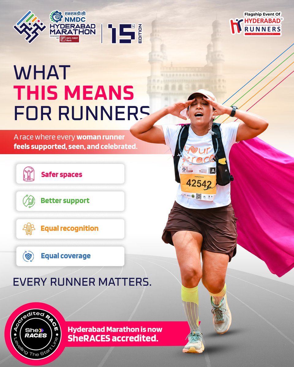 Marathon_Hyd's tweet photo. NMDC Hyderabad Marathon is now officially SheRACES accredited. πβοΈπ
A step toward safer spaces, equal opportunity, better support, and a more inclusive race experience for women runners.
Built for women. Built for everyone.
#NMDCHyderabadMarathon #SheRACES #WomenRunners https://t.co/J4VE4kJSrv