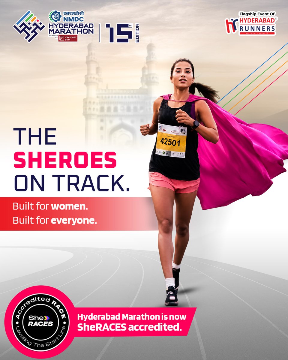 Marathon_Hyd's tweet photo. NMDC Hyderabad Marathon is now officially SheRACES accredited. πβοΈπ
A step toward safer spaces, equal opportunity, better support, and a more inclusive race experience for women runners.
Built for women. Built for everyone.
#NMDCHyderabadMarathon #SheRACES #WomenRunners https://t.co/J4VE4kJSrv