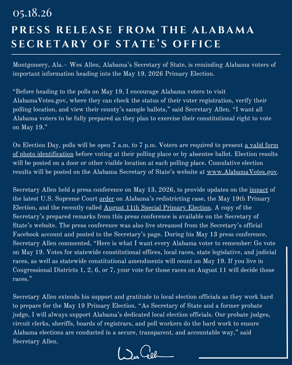 alasecofstate's tweet photo. Press Release: Secretary of State Wes Allen Issues Important Reminders Ahead of May 19 Primary Election

Read more here: https://t.co/6lk3NwLxlM

#alpolitics https://t.co/GRKrJCsWNj