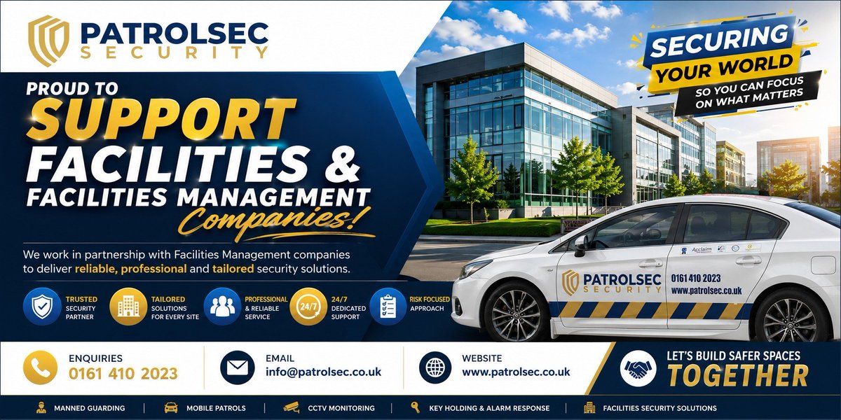 Patrolsec's tweet photo. Patrolsec supports FM companies &amp; property managers with mobile patrols, rapid response, concierge &amp; keyholding services across Greater Manchester. Professional support tailored to your operational needs.
https://t.co/lSce5ghz4v
#FMServices #MobilePatrols #RapidResponse #Security https://t.co/dCjtI7d7aP