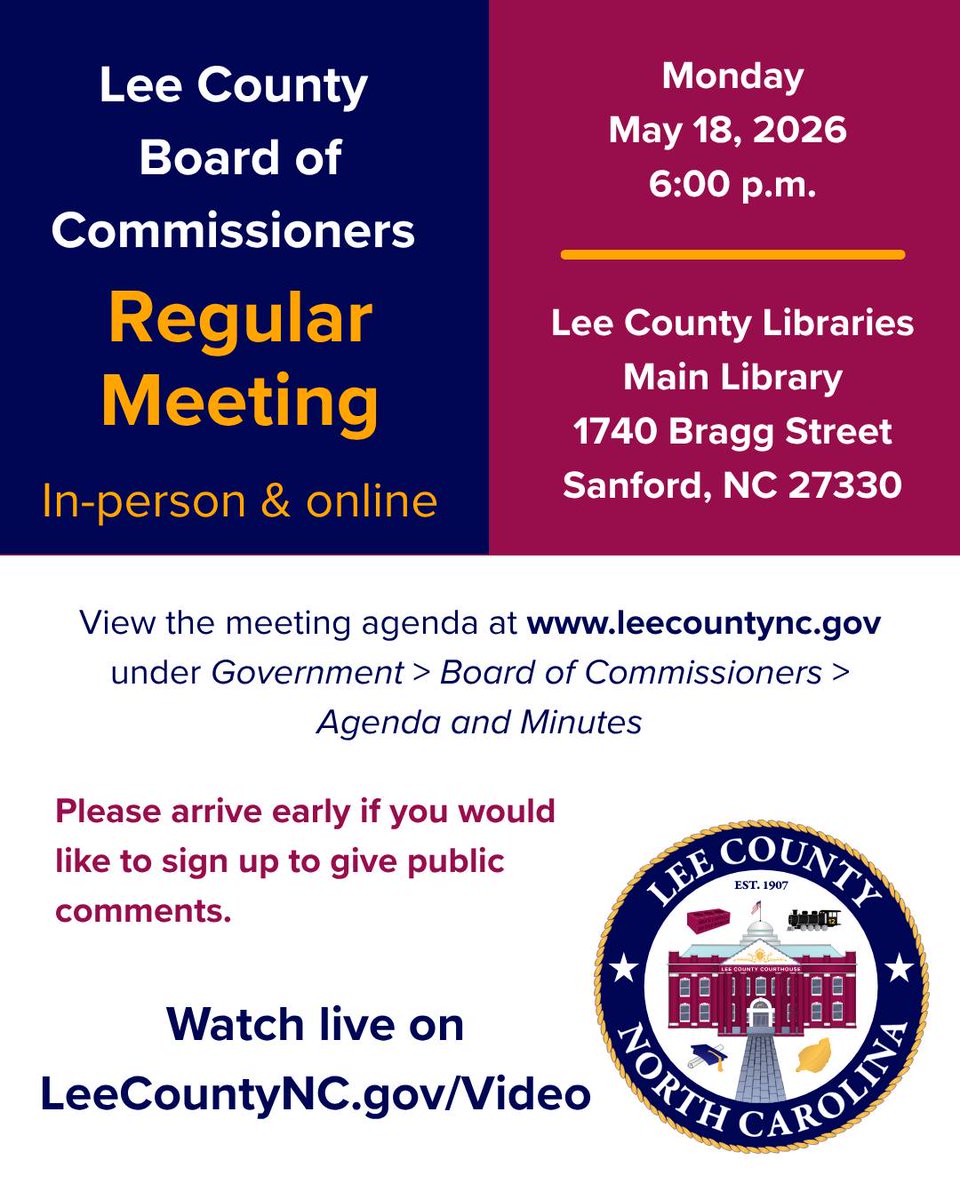 leecountync's tweet photo. A Board of Commissioners meeting will be held tonight at 6 p.m. at the main Lee County Library, located at 1740 Bragg Street, Sanford, NC 27330.

If you are unable to attend but would like to tune in, we are also livestreaming the meeting. Watch on https://t.co/3hRxssdGdp. https://t.co/1Byj1eEo73