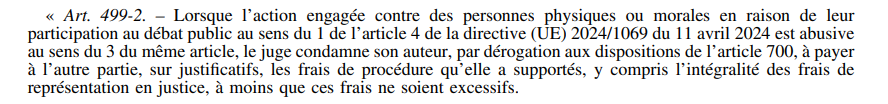 Avokayon's tweet photo. D. 2026-337, 30/04/2026 procédure-bâillon. 
Le pouvoir réglementaire renâcle toujours à accorder remboursement des frais irrépétibles. 
- Principe (art. 700): "le juge condamne"
- Évolution : joignez les justificatifs
- En pratique l'on voit toujours des indemnités ridicules
1/2 https://t.co/nhxxcVb08q