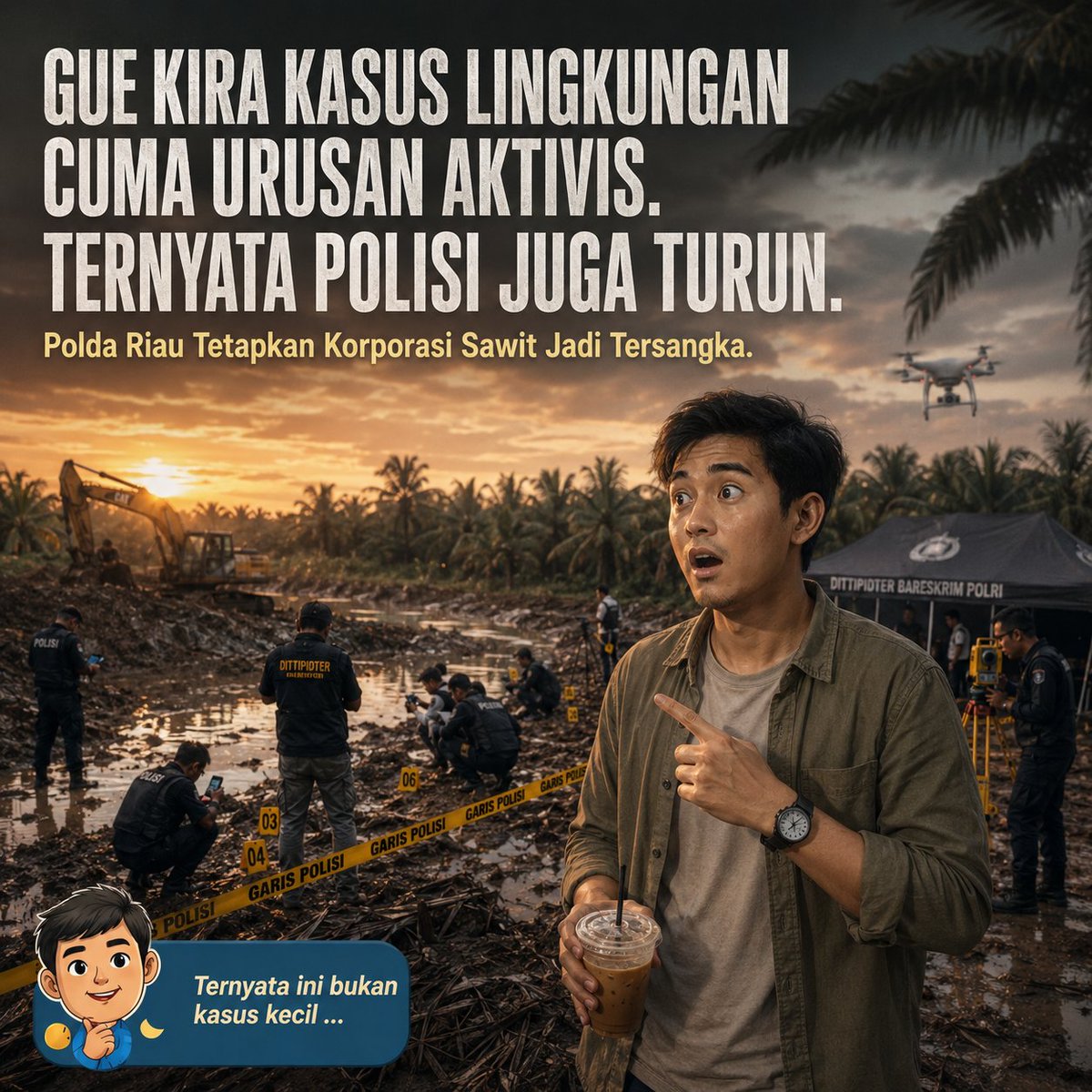 CumaTetanggaAja's tweet photo. Gue kira kasus lingkungan paling cuma berhenti di “viral”.
Ternyata di Riau, ada investigasi sampai 4 bulan dan korporasi sawit PT MM ditetapkan jadi tersangka.
Dan jujur… ini menarik buat diperhatiin.
#PoldaRiau #GreenPolicing https://t.co/m5CefuecXE