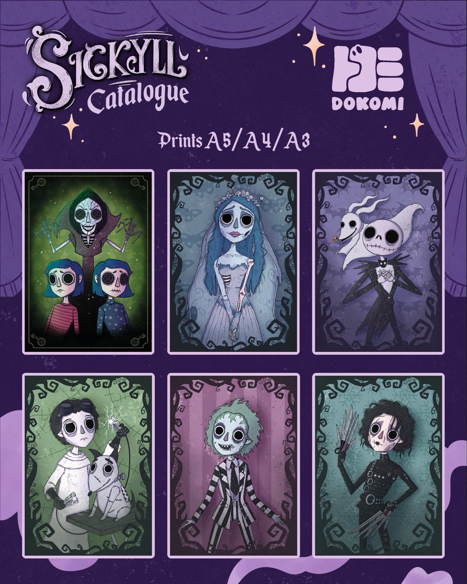 Sickyll's tweet photo. Here you have almost everything you can find in my stand next weekend at dokomi_expo 2026 💜✨ There would be more products that the ones here, but with this you can already see if you want something and go and ask for it 🥰 #dokomi #dokomi2026 #dokomiartist https://t.co/w6b94ElVIG