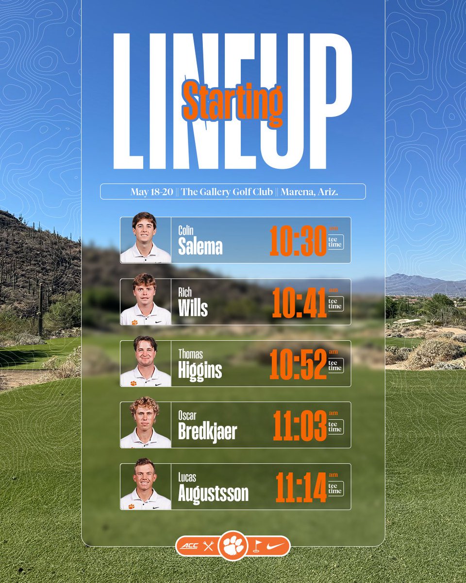ClemsonMGolf's tweet photo. Here’s how we’ll line up for round one! Times listed are EST.

Live Scoring: https://t.co/xm3pHIc9fI https://t.co/YUH8Eygqiq