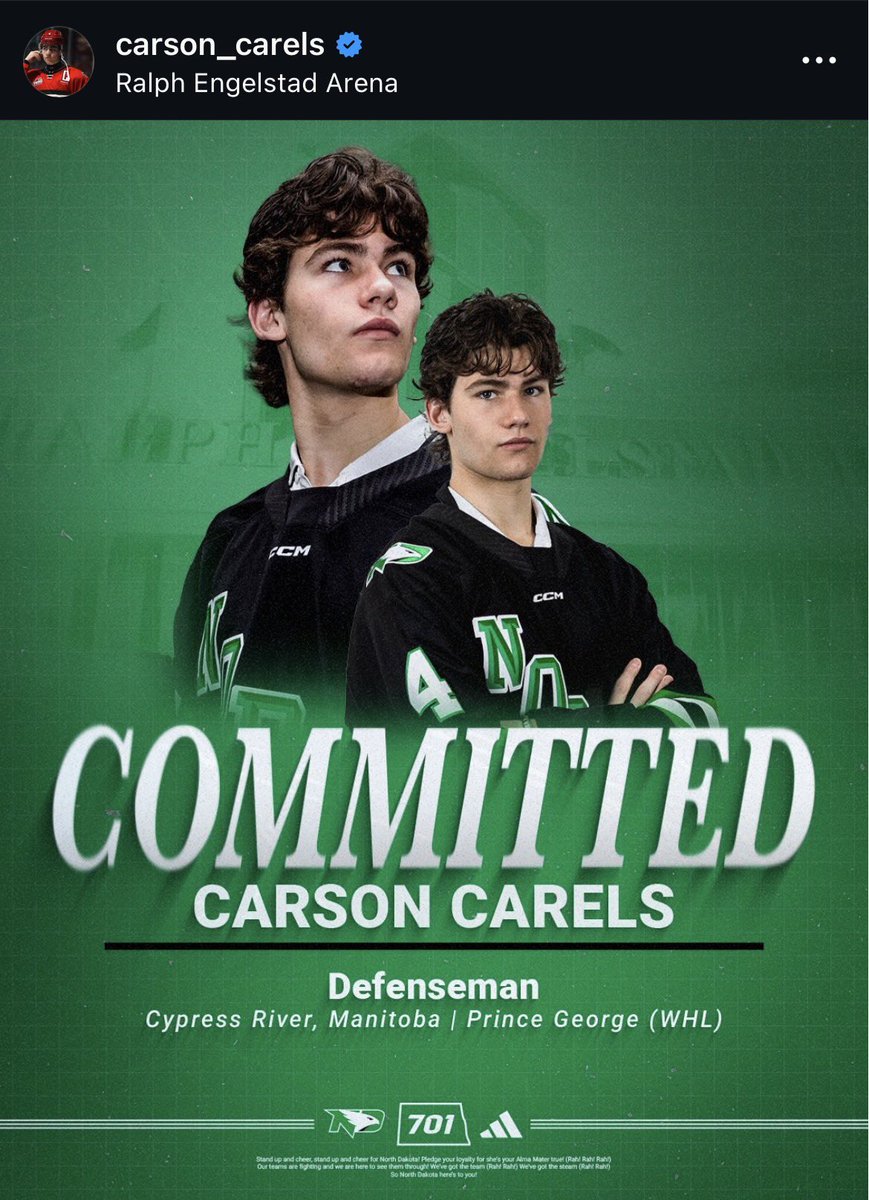 PuckReportNHL's tweet photo. Carson Carels, a projected top-10 pick in next month’s #NHLDraft, has committed to the University Of North Dakota (NCAA) for 26/27.

The defenseman put up 73 points in 58 GP with Prince George Cougars (WHL) in 25/26. #4 ranked 2026 draft prospect by @eliteprospects https://t.co/ufOnFgjFos