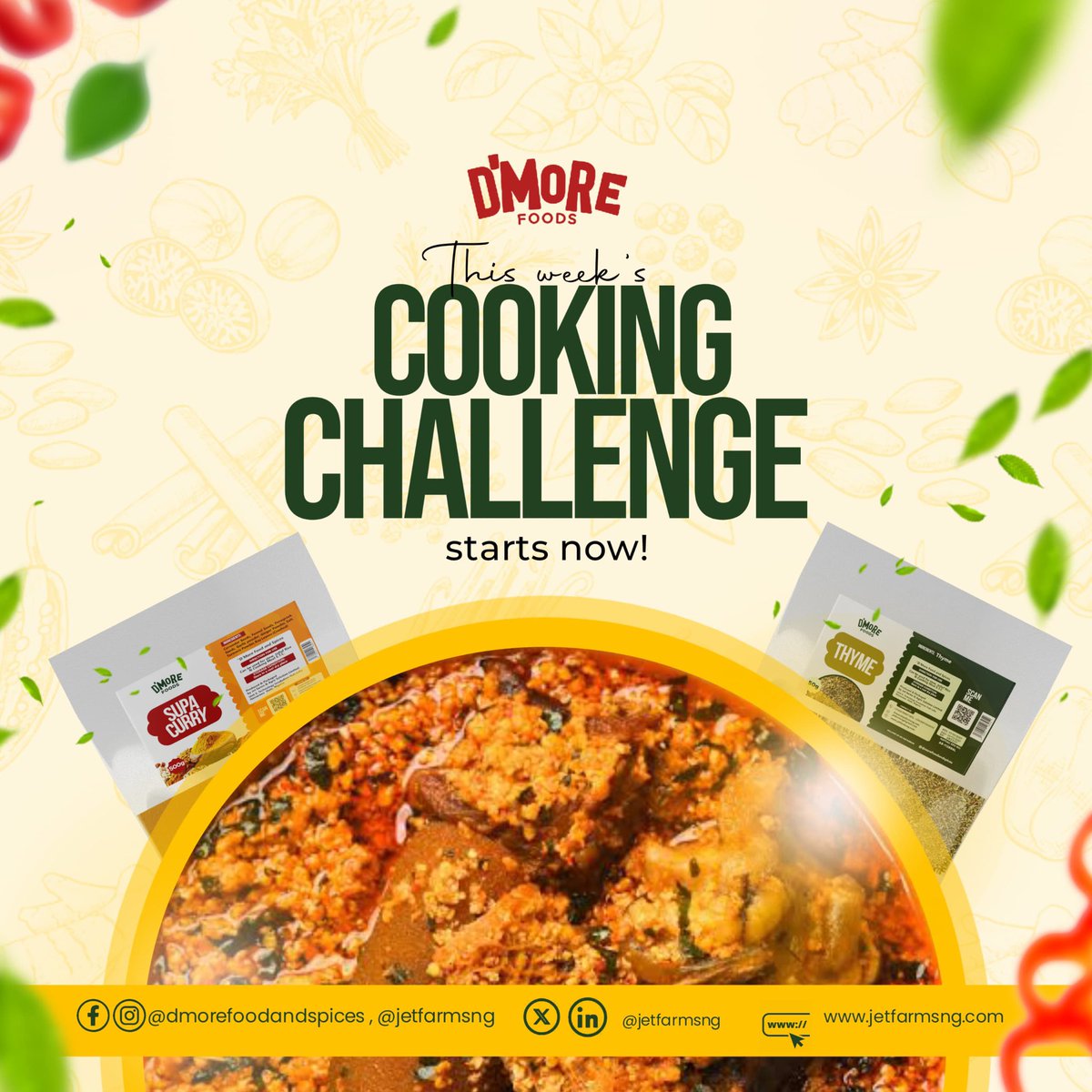jetfarmsng's tweet photo. We're challenging you this week: Cook one meal with D'More spices and share it with us. Best post wins a surprise from the D'More Tag us  and use #DMoreChallenge. Who's in? 
#challenge https://t.co/i46TztsKm7