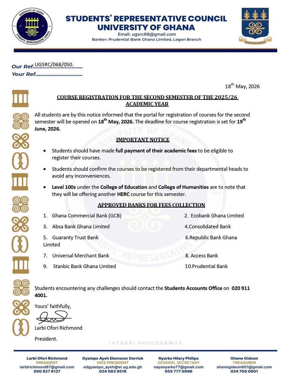 Ug_src's tweet photo. Course registration for the 2025/26 second semester opens on 18th May 2026 and closes on 19th June 2026.

Students are advised to complete fee payments and confirm courses with their departments before registration.

©️ 68TH UGSRC ADMINISTRATION https://t.co/gUh3UWlhG4