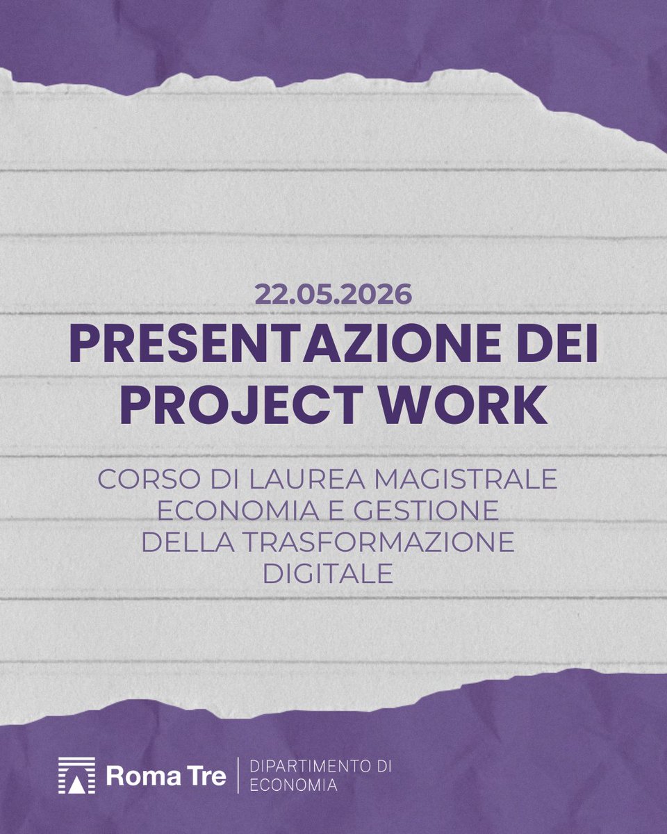 EconomiaRomaTre's tweet photo. 📌 Presentazione dei Project Work finali
Corso di Laurea Magistrale in Economia e Gestione della Trasformazione Digitale
📅 Venerdì 22 maggio
🕥 Ore 10:30
📍 Aula 10
#RomaTre #EconomiaRomaTre #TrasformazioneDigitale #PubblicaAmministrazione #InnovazioneDigitale #ProjectWork https://t.co/NpGpeTNdYI